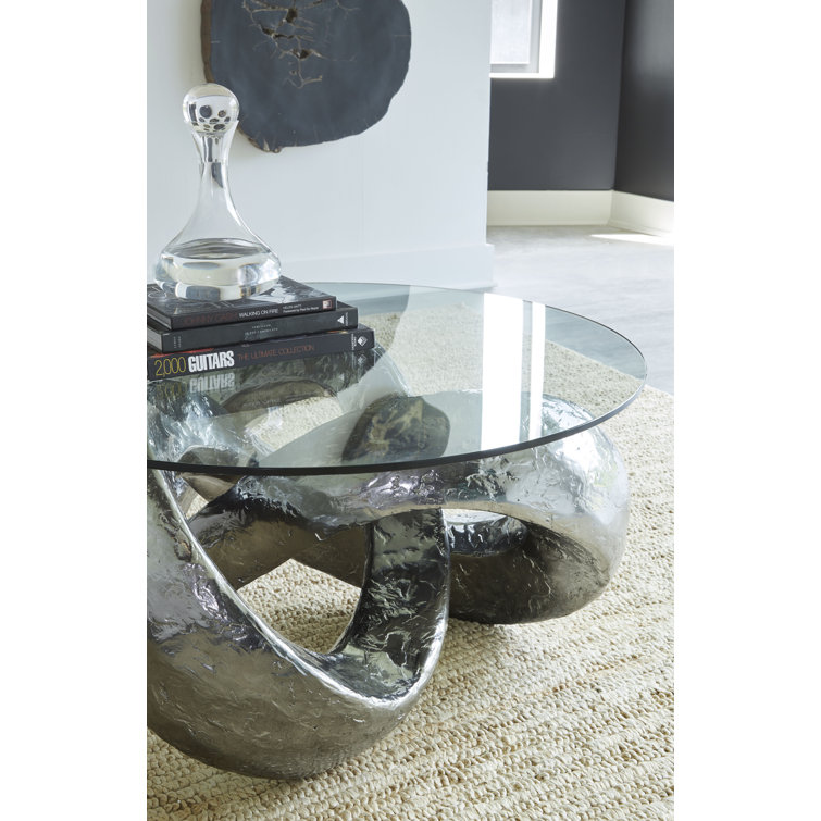 Contemporary Trifoil Round Coffee Table in Liquid Silver with Glass Top