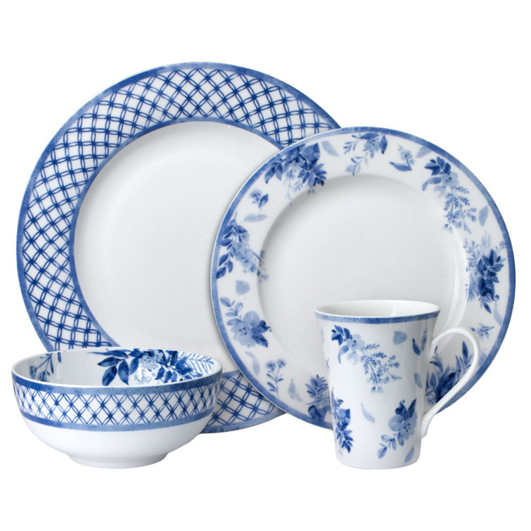Kiley 16-Piece Blue and White Porcelain Dinnerware Set, Service for 4