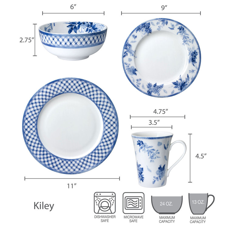 Kiley 16-Piece Blue and White Porcelain Dinnerware Set, Service for 4