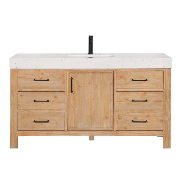 Leon 60" Fir Wood Brown Bathroom Vanity with White Composite Top