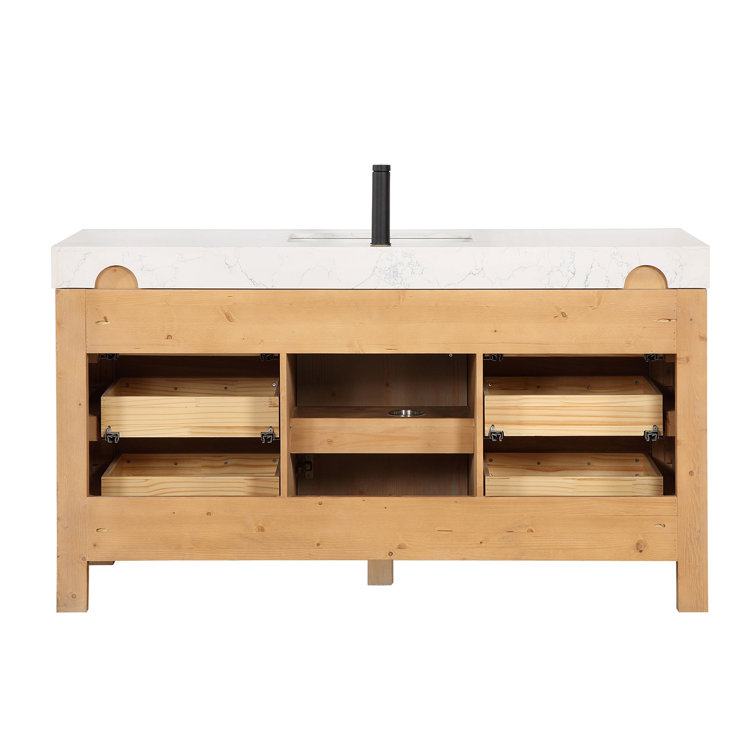 Leon 60" Fir Wood Brown Bathroom Vanity with White Composite Top