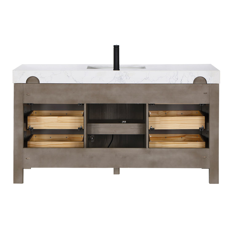 Leon 60" Fir Wood Brown Bathroom Vanity with White Composite Top