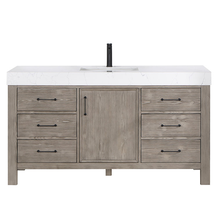 Leon 60" Fir Wood Brown Bathroom Vanity with White Composite Top