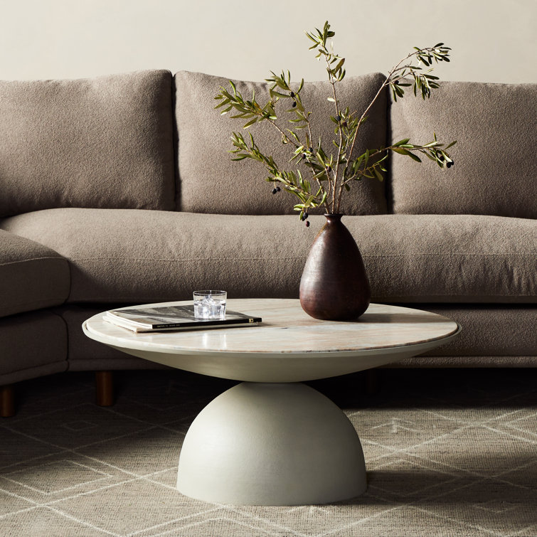 Seraphine Round Cream and Gray Marble Pedestal Coffee Table