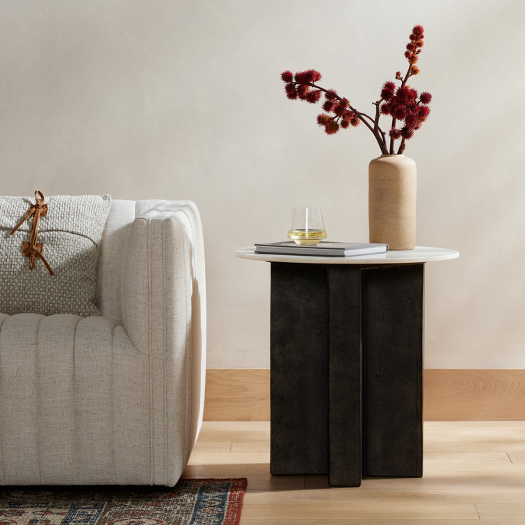 22" Black and White Marble Round End Table with Aluminum Base