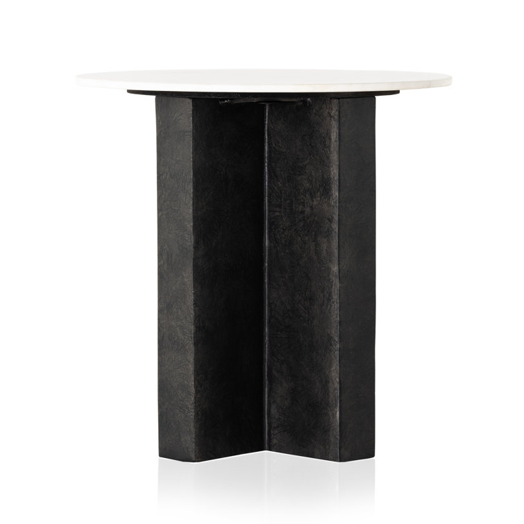 22" Black and White Marble Round End Table with Aluminum Base