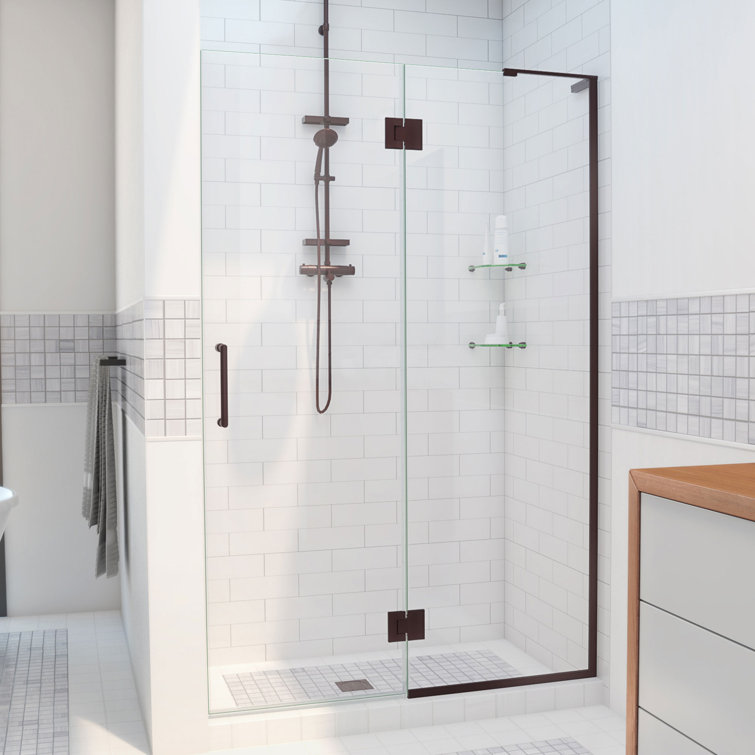 Distressed Bronze Frameless Hinged Shower Door with Clear Glass