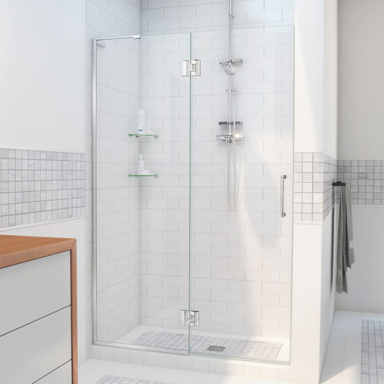 Unidoor-X 36" Frameless Clear Glass Hinged Shower Door with Distressed Bronze Hardware
