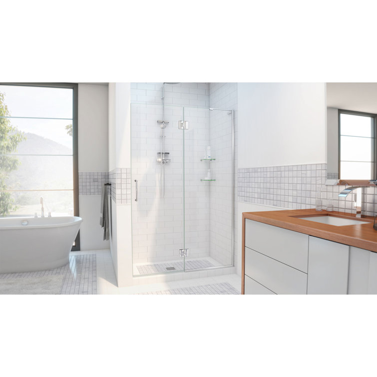 Unidoor-X 54" Frameless Clear Glass Hinged Shower Door with Distressed Bronze Hardware