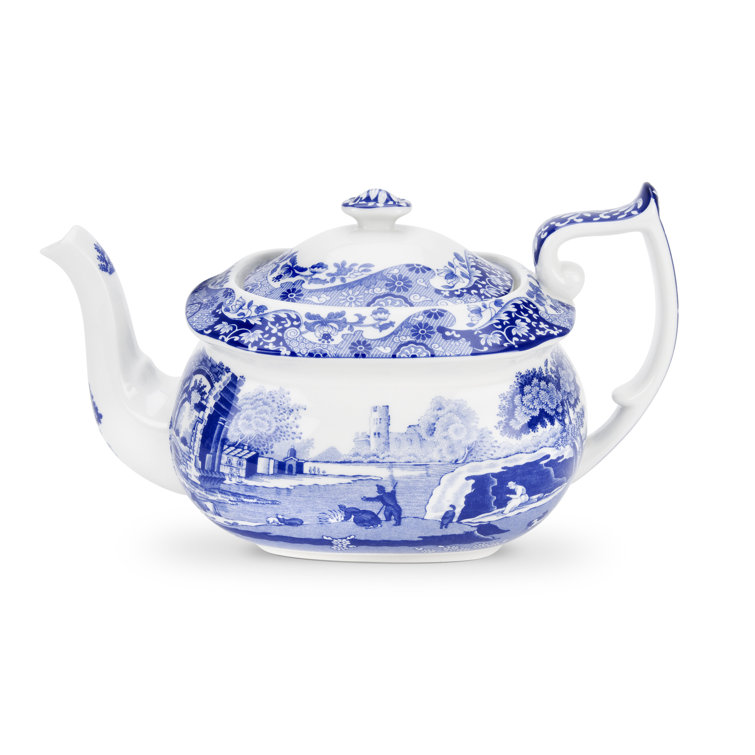 Blue and White Earthenware Teapot with Italian Countryside Design
