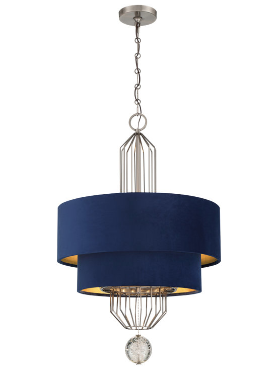Aged Antique Nickel 8-Light Drum Pendant with Blue Shade