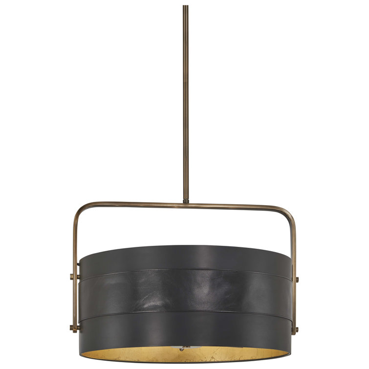 Aged Antique Brass and Onyx Leather 5-Light Drum Chandelier