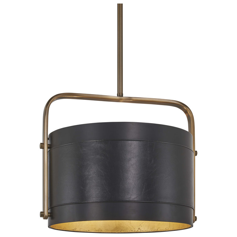 Aged Antique Brass and Black Leather Drum Chandelier