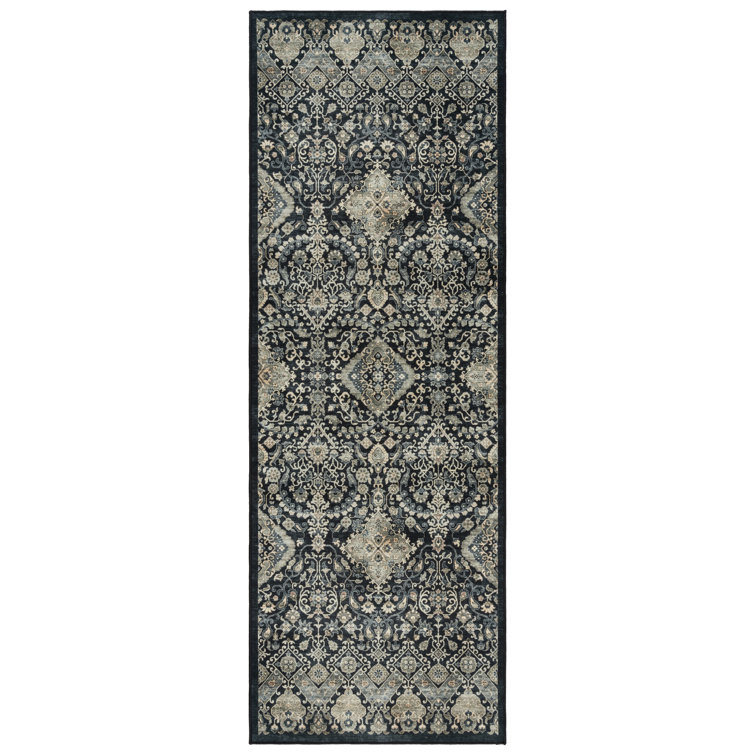 Tanis Anthracite Black and Cream Moroccan Polyester Washable Runner Rug