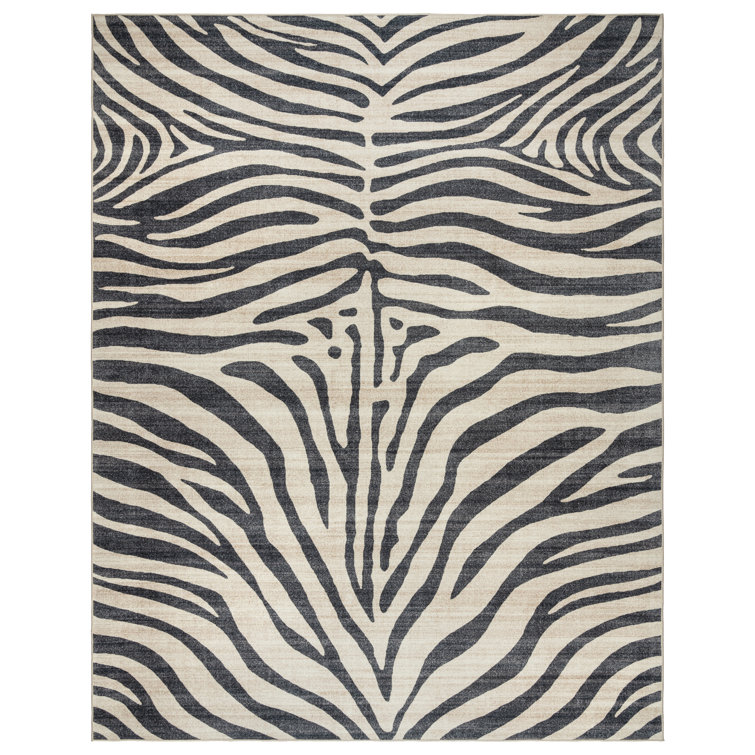 Black and White Zebra Print Washable 5' x 7' Synthetic Area Rug