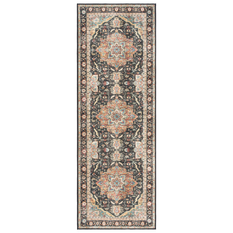 Soha Black and Beige Synthetic Oriental Runner Rug