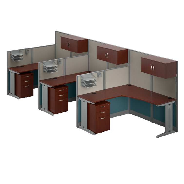 Hansen Cherry L-Shaped 3 Person Cubicle Desk Set with Storage