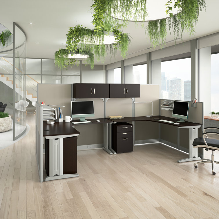 Mocha Cherry 2 Person L Shaped Cubicle Desk with Storage and Drawers
