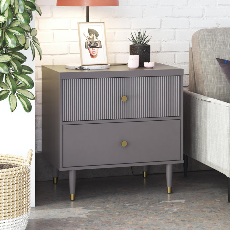 Graphite Gray 2-Drawer Nightstand with Gold Accents