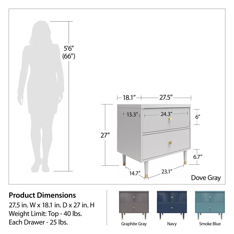Smoke Blue 2-Drawer Nightstand with Gold Accents