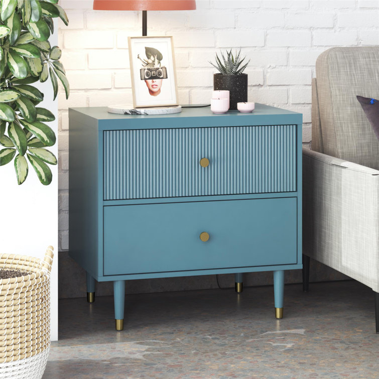 Smoke Blue 2-Drawer Nightstand with Gold Accents