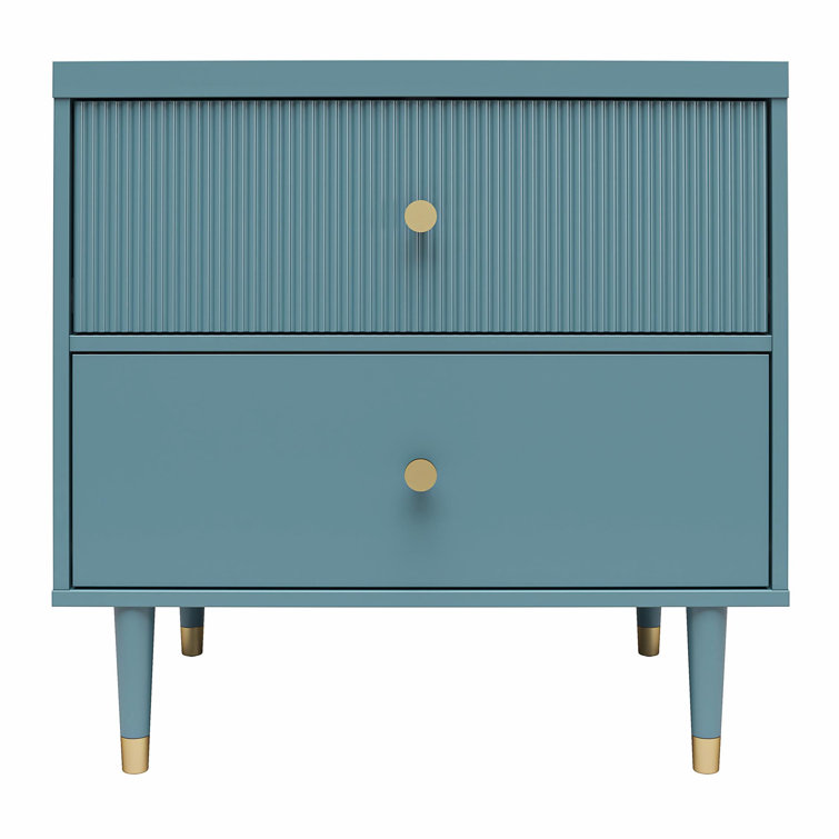 Smoke Blue 2-Drawer Nightstand with Gold Accents