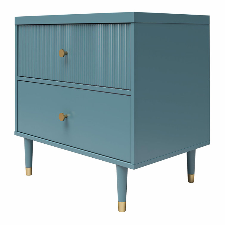 Smoke Blue 2-Drawer Nightstand with Gold Accents