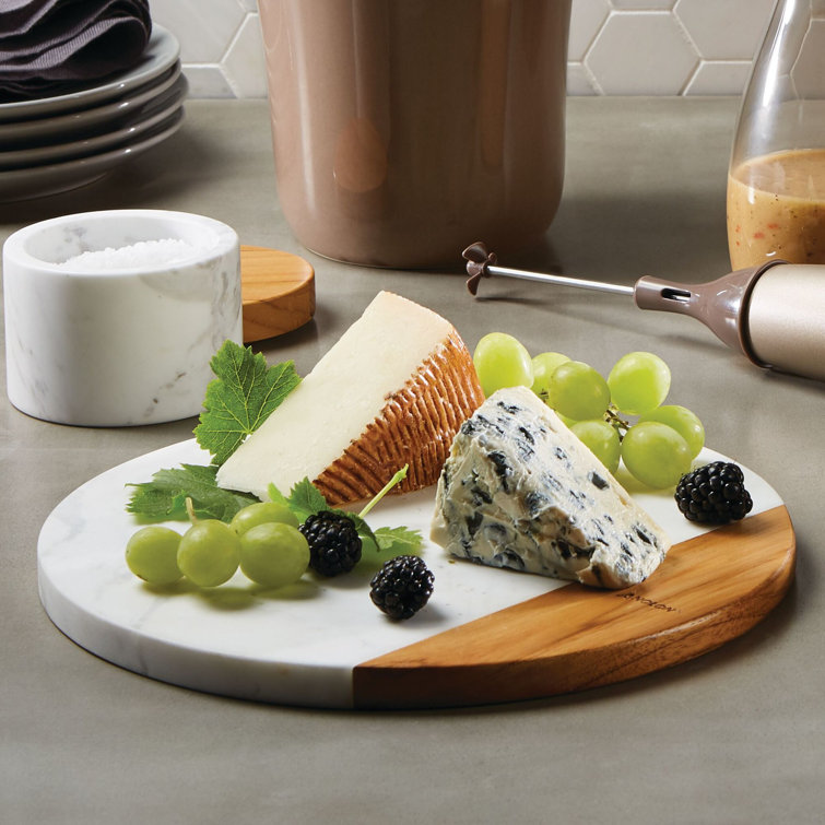 White Marble and Teakwood Round Serving Board, 10-Inch