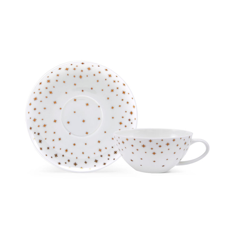 Millie White and Gold Bone China Tea Cups with Saucers, Set of 4