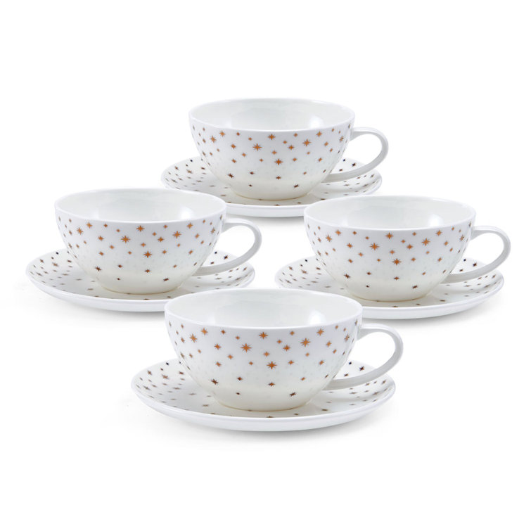 Millie White and Gold Bone China Tea Cups with Saucers, Set of 4