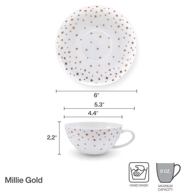 Millie White and Gold Bone China Tea Cups with Saucers, Set of 4