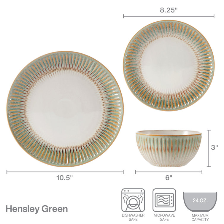 Hensley Green and White 12-Piece Stoneware Dinnerware Set for 4