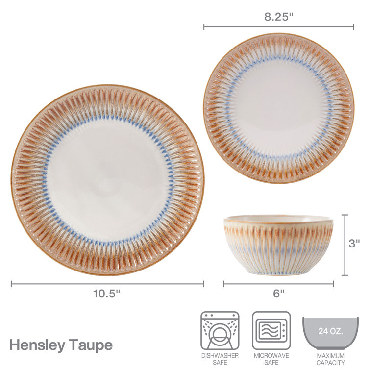 Hensley Taupe and White Ceramic 12-Piece Dinnerware Set, Service for 4