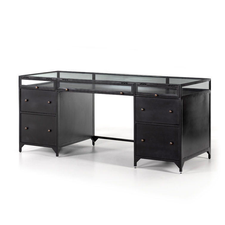 Sleek Black Executive Desk with Shadow Box Display and Filing Cabinet