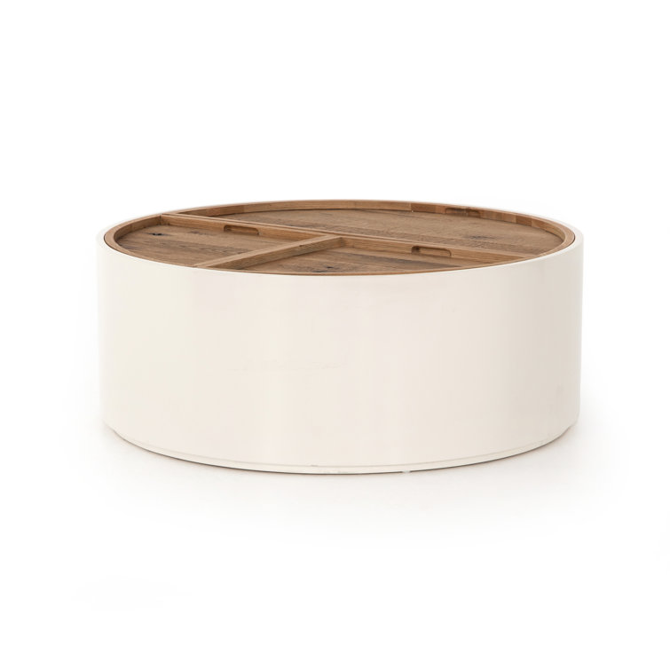 Contemporary Oak Drum Coffee Table with Cream Lacquer Finish and Storage
