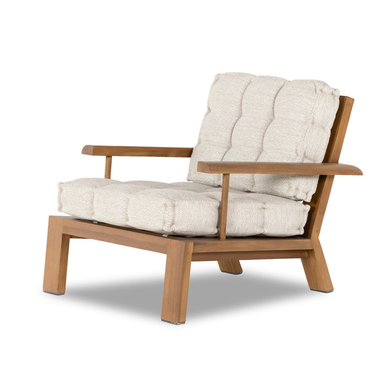 Natural Teak and Cream Tufted Cushion Lounge Chair