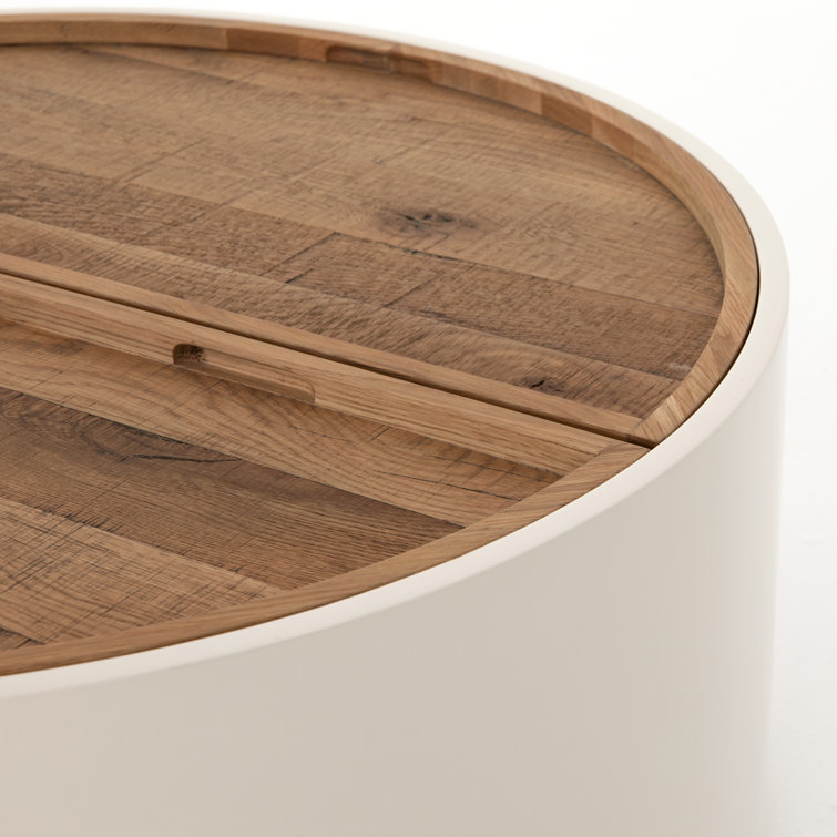 Contemporary Oak Drum Coffee Table with Cream Lacquer Finish and Storage