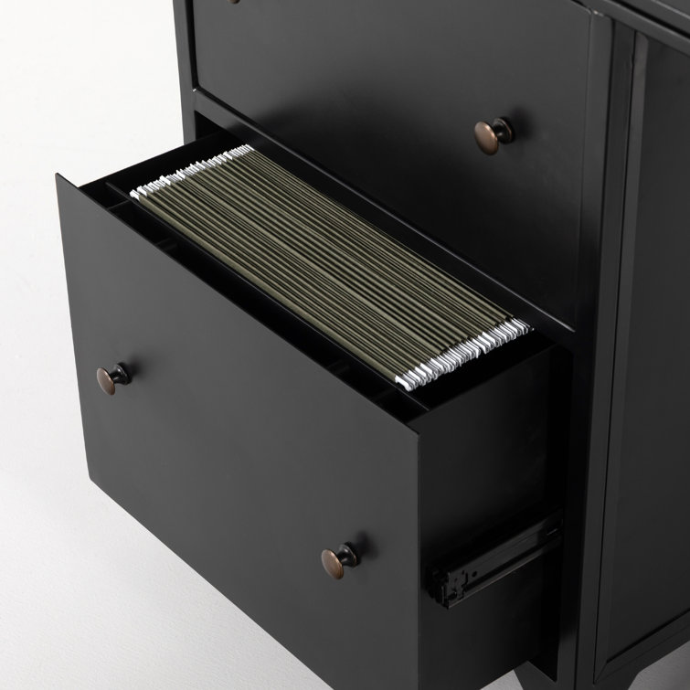 Sleek Black Executive Desk with Shadow Box Display and Filing Cabinet