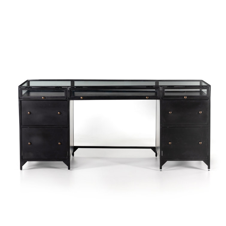 Sleek Black Executive Desk with Shadow Box Display and Filing Cabinet