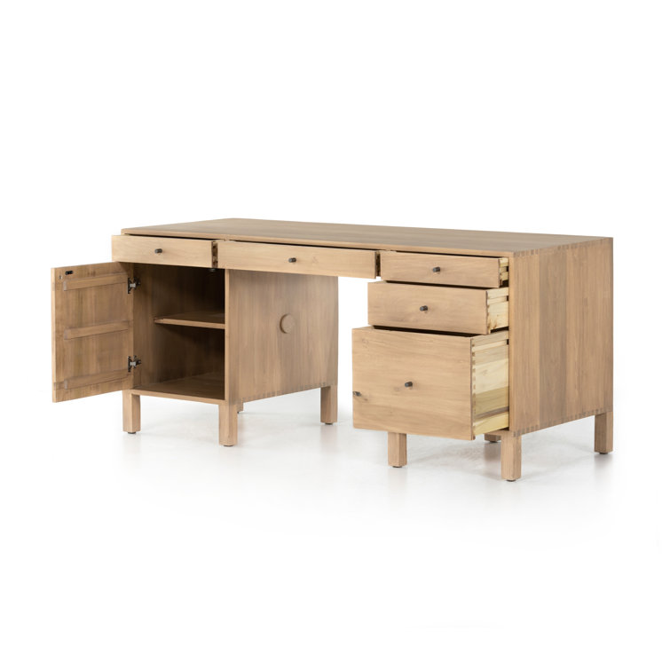 Isador Executive Desk in Dry Wash Poplar with Iron and Leather Accents