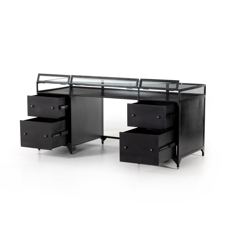 Sleek Black Executive Desk with Shadow Box Display and Filing Cabinet