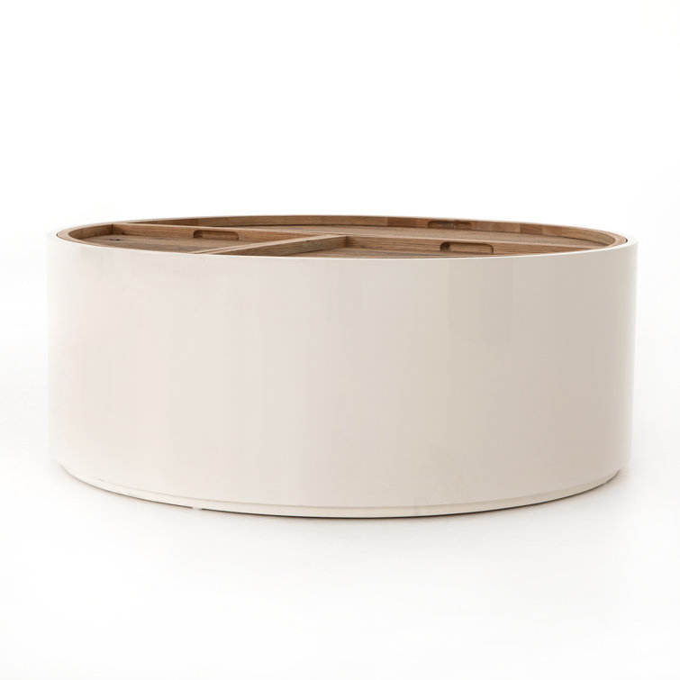Contemporary Oak Drum Coffee Table with Cream Lacquer Finish and Storage