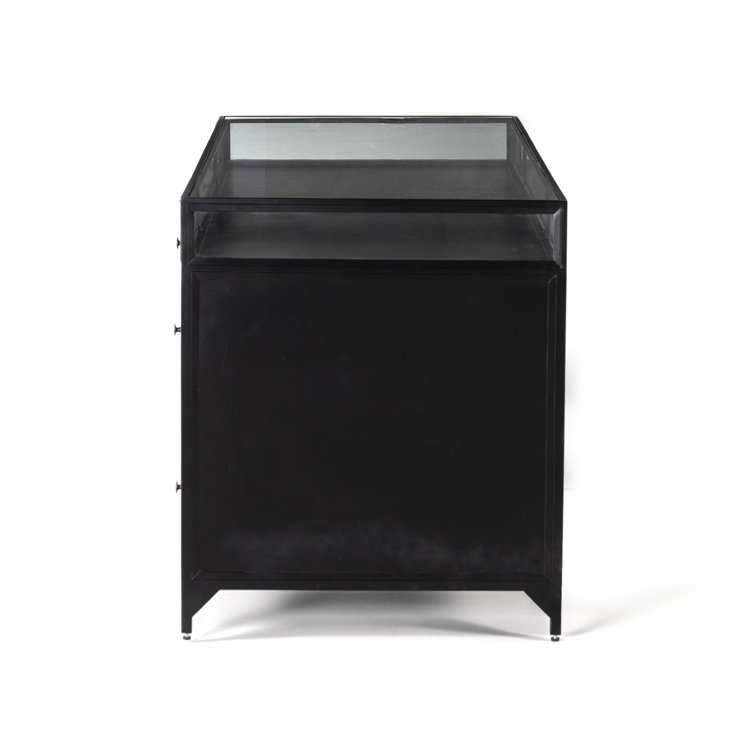 Sleek Black Executive Desk with Shadow Box Display and Filing Cabinet