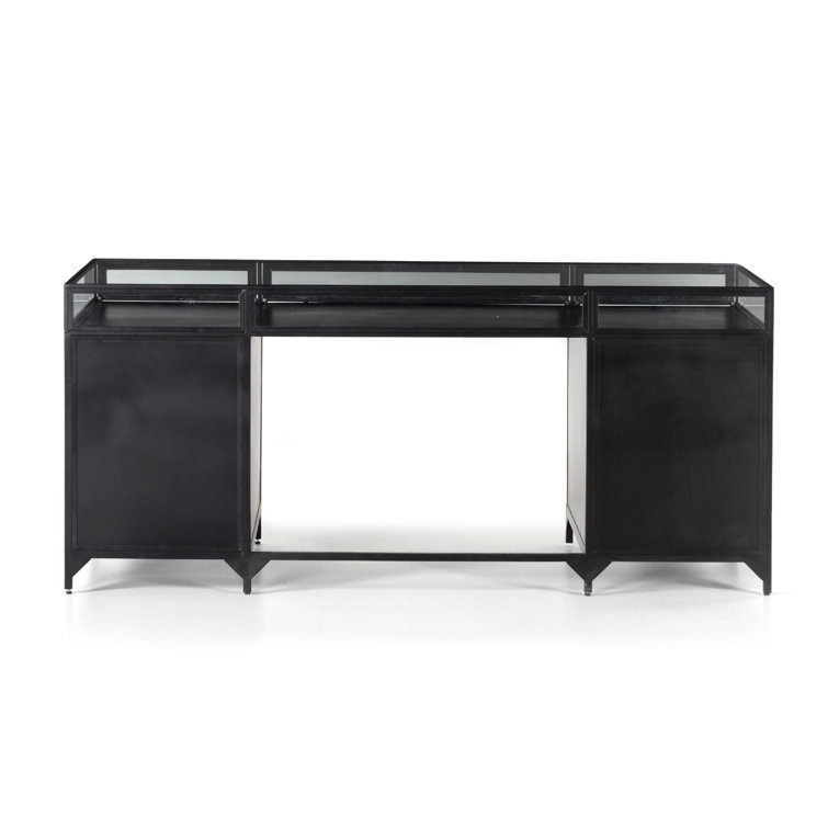 Sleek Black Executive Desk with Shadow Box Display and Filing Cabinet