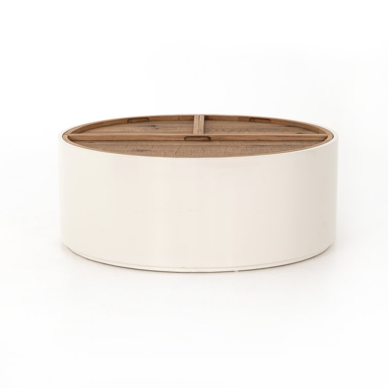 Contemporary Oak Drum Coffee Table with Cream Lacquer Finish and Storage