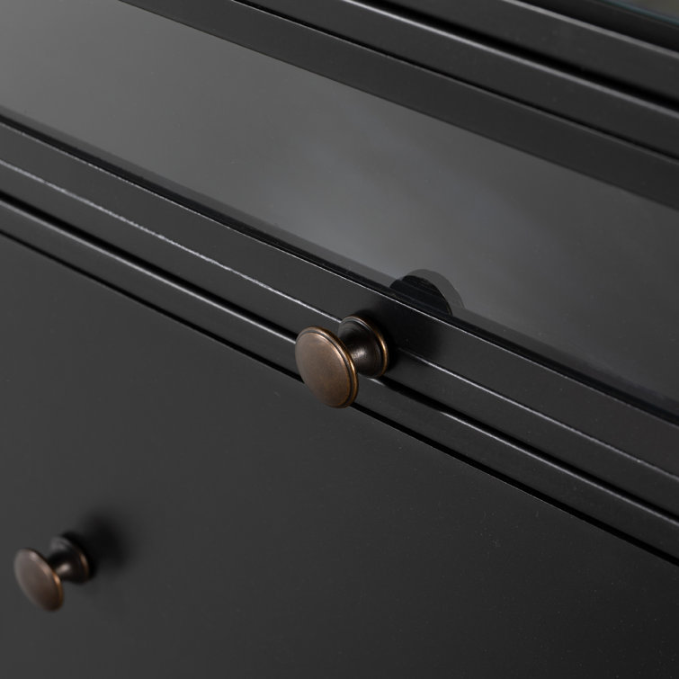 Sleek Black Executive Desk with Shadow Box Display and Filing Cabinet