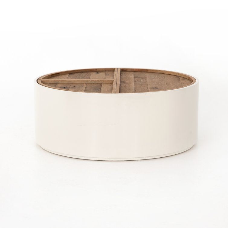Contemporary Oak Drum Coffee Table with Cream Lacquer Finish and Storage