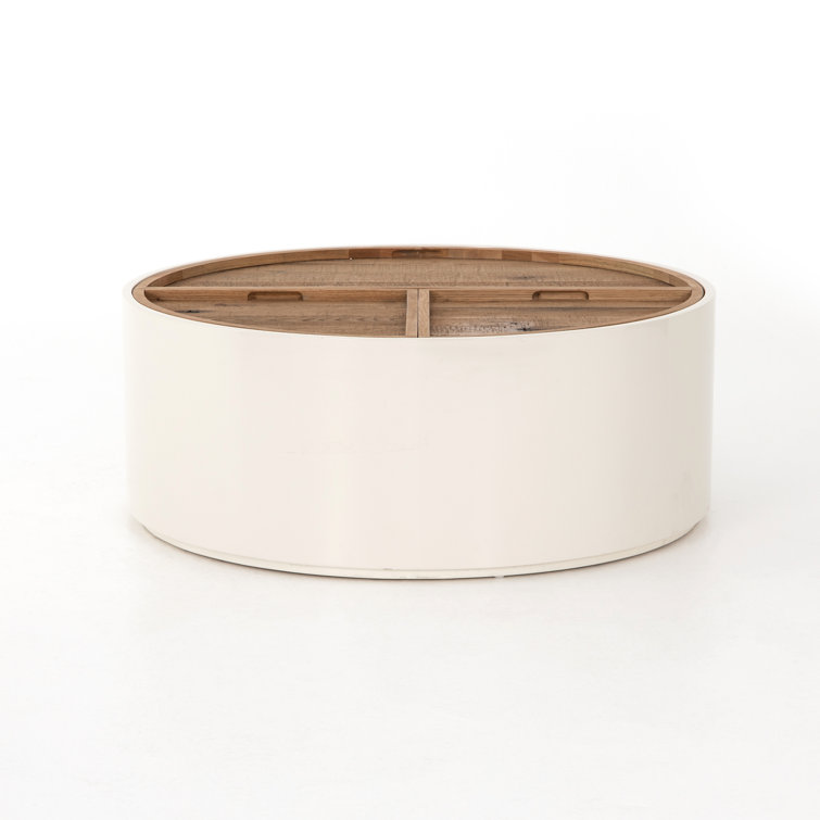 Contemporary Oak Drum Coffee Table with Cream Lacquer Finish and Storage