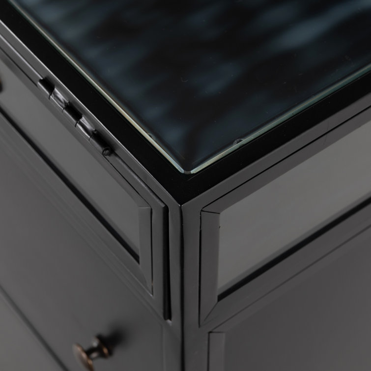 Sleek Black Executive Desk with Shadow Box Display and Filing Cabinet