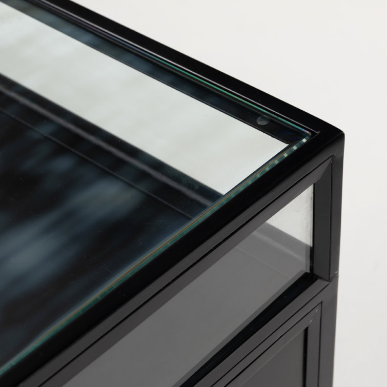 Sleek Black Executive Desk with Shadow Box Display and Filing Cabinet